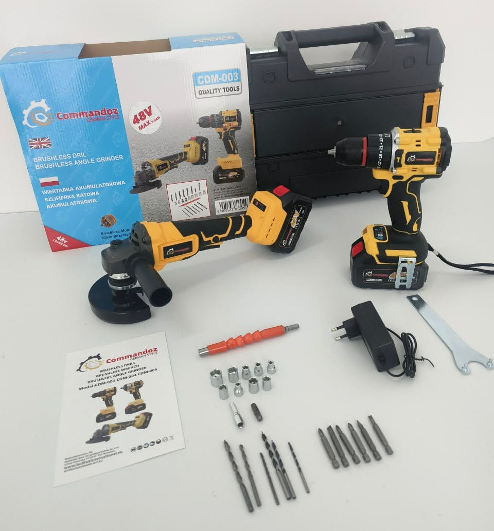 Angle Grinder & Hammer Drill 2 in 1 COMMANDOZ 48V MAX Brushless with 2 Batteries 6Ah
